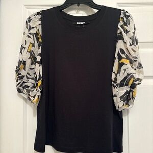 DKNY Crewneck Cotton Top with Printed Chiffon Sleeves